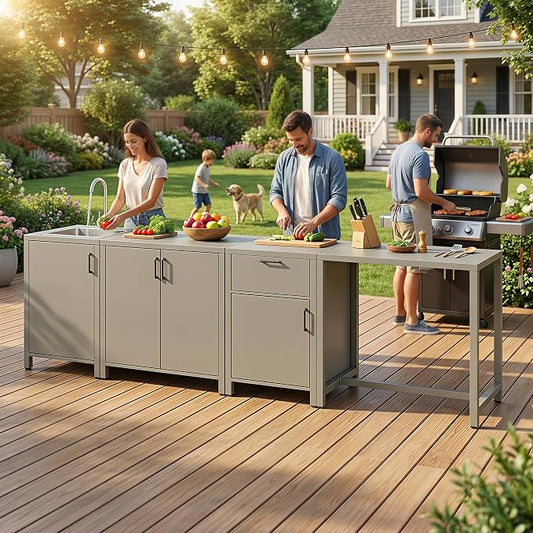 Wisteria Lane Outdoor Storage Cabinet with Stainless Steel Sink, Aluminum Modular Outdoor Kitchen, All Weather Kitchen Island with Storage, Drawers & Bar Table for BBQ, Porch, Backyard
