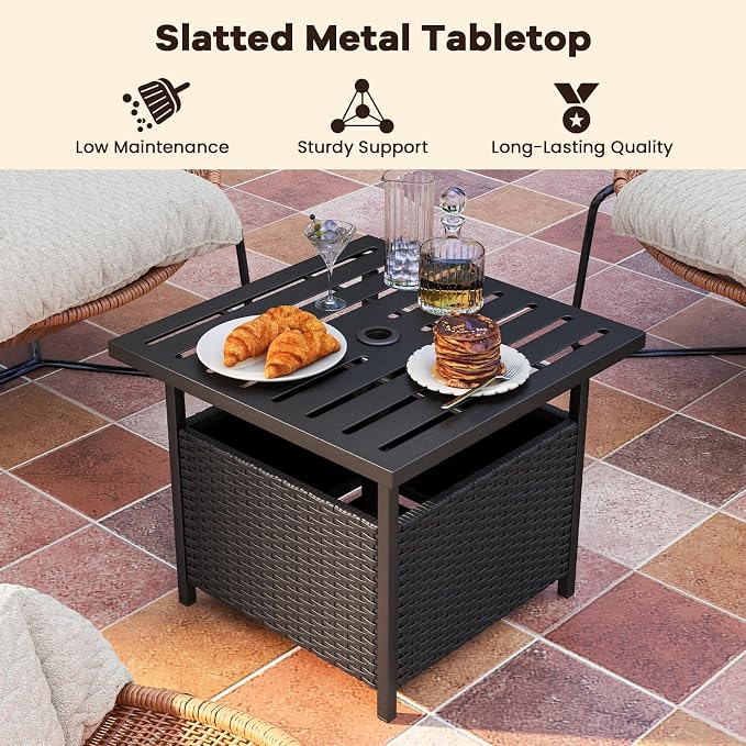 HAPPYGRILL Wicker Patio Umbrella Table with 1.57” Umbrella Hole, Outdoor Rattan Side Table with Heavy Duty Metal Frame, 22” Square PE Rattan End Table for Deck Backyard Poolside (Black)