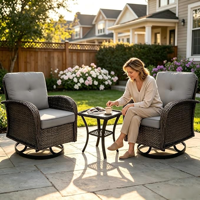 3 Piece Outdoor Swivel Rocker Patio Chairs, All-Weather Rattan Chair, Wicker Glider Patio Furniture Set with Side Table, for Garden, Backyard, Deck, Gray Rattan & Gray Cushions