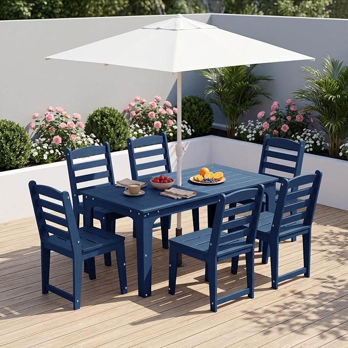 HDPE Outdoor Patio Dining Chair All Weather Resistant Set of 2, Blue | Slatted Back Dining Armless Chair, Weatherproof Outdoor Side Chair Patio Furniture for Poolside Garden Backyard Deck Indoor