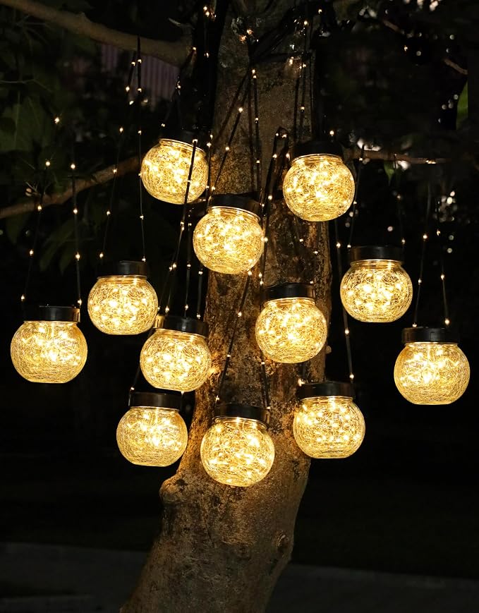 Solar Lights Outdoor Waterproof 24-Pack, Solar Powered Hanging Lantern Cracked Glass Hanging Globes for Yard Decor Christmas Decoration, Shepherd Hook, Garden Tree Table Ornaments, Warm