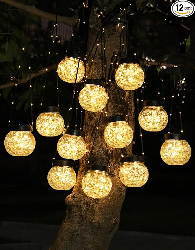 Solar Lights Outdoor Waterproof 12-Pack, Solar Powered Hanging Lantern Cracked Glass Hanging Globes for Yard Decor Christmas Decoration, Shepherd Hook, Garden Tree Ornaments, Warm White