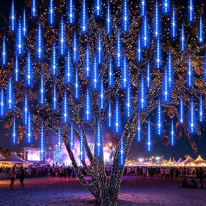 Meteor Shower Lights Outdoor Easter Lights UL Certified Falling Rain Drop Snowfall Icicle Cascading String Light for Xmas Holiday Tree Wedding Party Garden Decor Blue, 12 Inch 10 Tubes