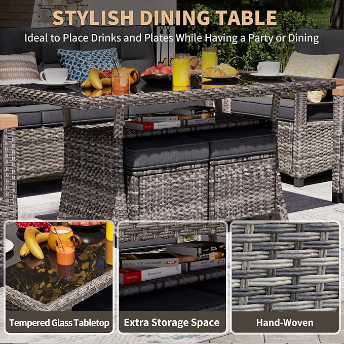 MEISSALIVVE 6 Pieces Patio Furniture Sets, PE Wicker Outdoor Conversation Sets with 2 Wood Armrests Single Chairs, 2 Ottomans and Dining Table (Grey)