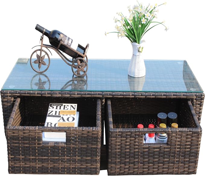 Outdoor PE Rattan Coffee Table, 43.7" Large Rectangular Patio Wicker Coffee Table with Tempered Glass Top, Low Profile Outdoor Side Table for Backyard Deck Balcony Garden Lawn, 150 lbs Capacity