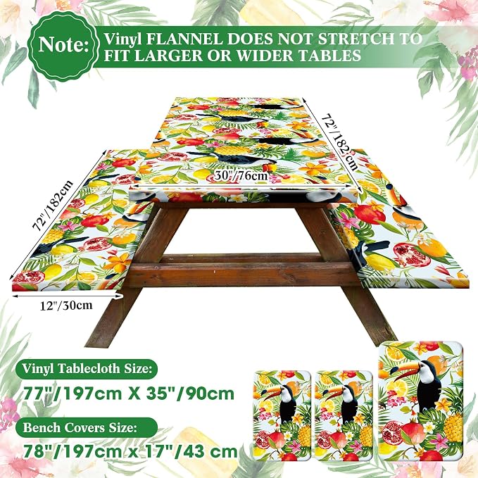 Boao 3 Pcs Vinyl Picnic Table Cover with Bench Cover 6 ft 30 x 72 Inch Waterproof Fitted Tablecloth Flannel Backing Rectangular Elastic Edged for Camping Outdoor Patio Travel(Toucan)
