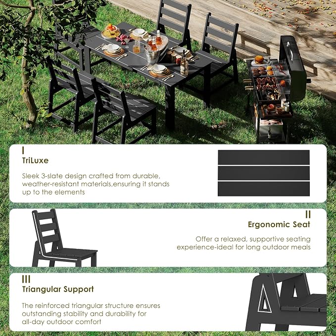 GREENVINES 7 Piece HDPE Outdoor Patio Dining Set, Table and 6 Chairs, Black