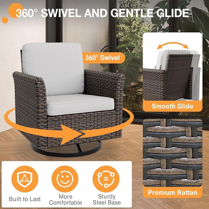 COOS BAY Harbor Retreat 6 Piece Outdoor Furniture Set, Patio Conversation Set with Swivel Rocking Chairs, 2 Seat Loveseat, Side Table and Ottomans, Wicker Furniture, Brown/Beige