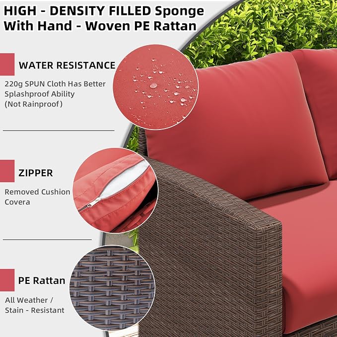 AECOJOY Outdoor Patio Furniture Set, 7 Pieces Clearance Sectional Rattan Dining Table&Chairs, All Weather Wicker Conversation Sofa Couch with Ottoman, Red Cushions&Brown Rattan