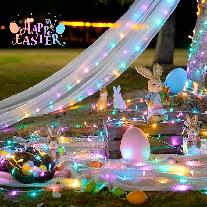 JMEXSUSS 33ft 100 LED Easter Lights for Indoor Outdoor Use | 8 Modes Connectable Easter String Lights Plug-in, Clear Wire Colorful Christmas String Lights Outdoor Waterproof