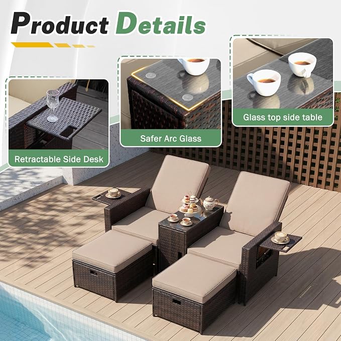 LVUYOYO 5 Piece Patio Furniture Set, Patio Wicker Conversation Set with Ottoman, Outdoor Chaise Lounge Chair with Side Table & Adjustable Backrest for Pool Backyard Garden (Brown Wicker Khaki Cushion)