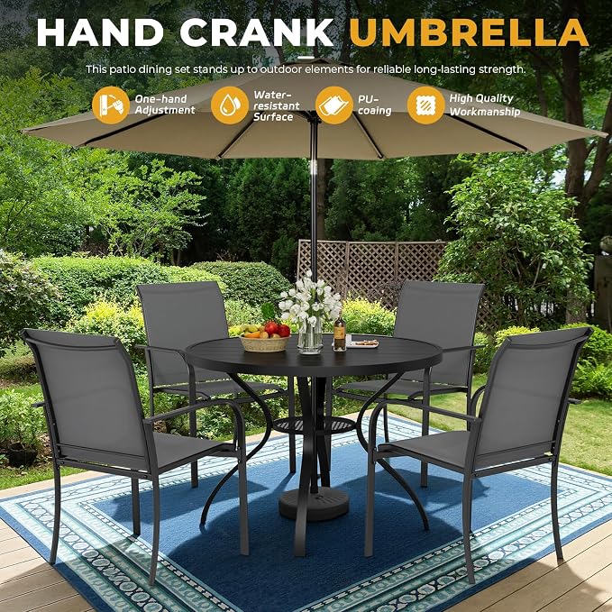 5-Piece Patio Dining Set with Umbrella,4 Person Outdoor Table and Chairs Set, 4 Metal Dining Chairs and Round Outdoor Table with 1.57" Umbrella Hole,Grey