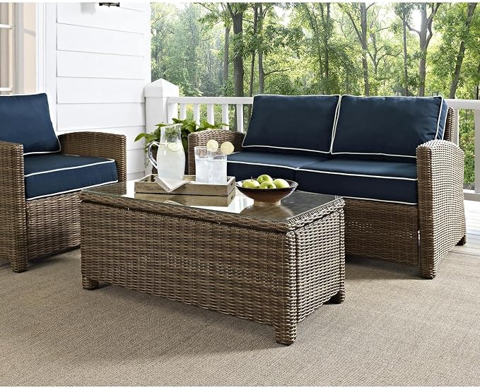 HomeStock Tuscan Treats Outdoor Wicker Rectangular Tempered Glass Top Coffee Table, Brown, 17.75" D x 40" W x 21" H, Durable Steel Construction, Modern Outdoor Patio/Lawn Coffee Table