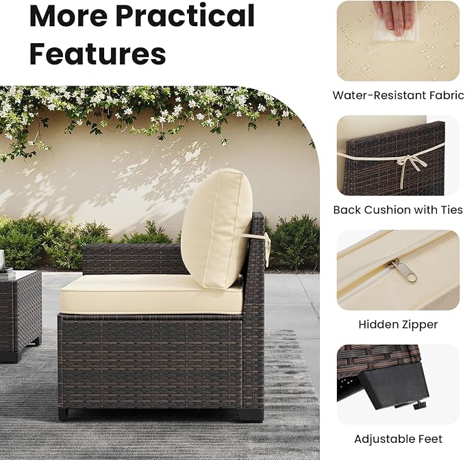 Soohow 7-Piece Patio Furniture Set with 44" Fire Pit Table, Outdoor Sectional Wicker Rattan Conversation Set for Garden, Porch, Backyard - Beige Cushions