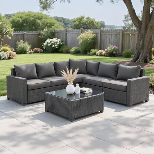 Patio Furniture Set, 7PCS Outdoor Sectional PE Rattan Patio Conversation Set w/Thickened Cushion Modular Wicker Patio Sofa Set w/Coffee Table for Balcony, Backyard(Grey)