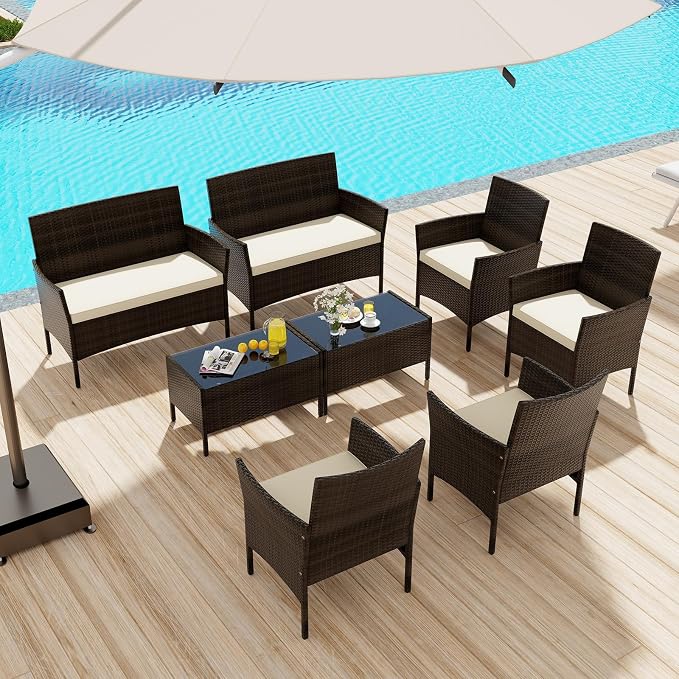 4 Piece Patio Furniture Set, Sectional Conversation Sofa Set with Glass Coffee Table, Cushions & Loveseat, Wicker Outdoor Table and Chairs for Pool, Garden, Deck, Backyard (2, Beige)
