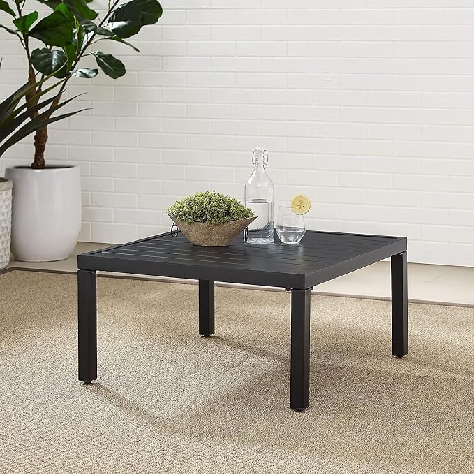 HomeStock Baroque Bonanza Outdoor Metal Sectional Coffee Table - Matte Black, 28.5" D x 28.5" W x 14.5" H, Weather-Proof Steel Construction, Slatted Table Top, Elegant Coffee Table for Outdoor Sets