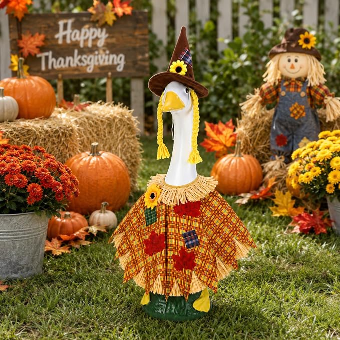 DECOHS 2 Pcs/Set Scarecrow Porch Goose Outfits, Fall Thanksgiving Lawn Goose Statue Scarecrow Costume, Garden Goose Scarecrows Clothes Hat for 23" Statue Autumn Halloween Outdoor Patio Yard Decoration