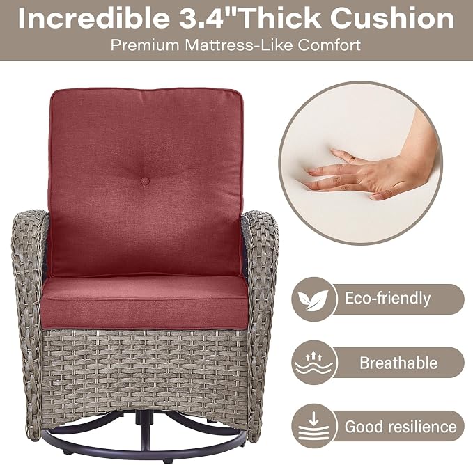 Belord 5 Pieces Patio Furniture Set with 30” Propane Fire Pit Table, Deep Seating Swivel Rocker Glider Outdoor Chairs Set of 4 with Side Table Set of 2 Patio Conversation Set Gray Wicker Red Cushion