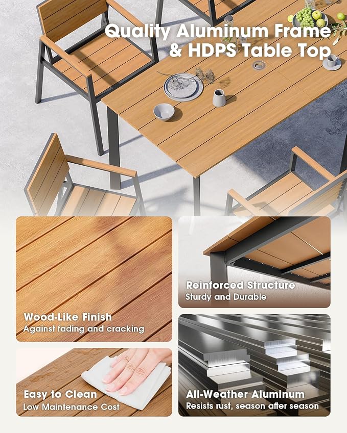 Outdoor Dining Set for 4, Aluminum Patio HDPS Outdooor Table and Chairs Set with Umbrella Hole, All Weather Patio Furniture Set, 5 Peice Patio Dining Table Set (Gray & Teak)