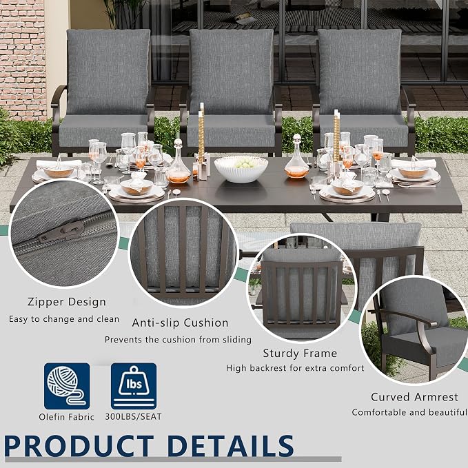 7 Piece Outdoor Dining Set for 6, Metal Patio Table and Chairs with Cushions, Patio Furniture Set with 2 Swivel Chairs, Rectangular Patio Dining Table with Umbrella Hole, Lawn Deck, Yard-Grey