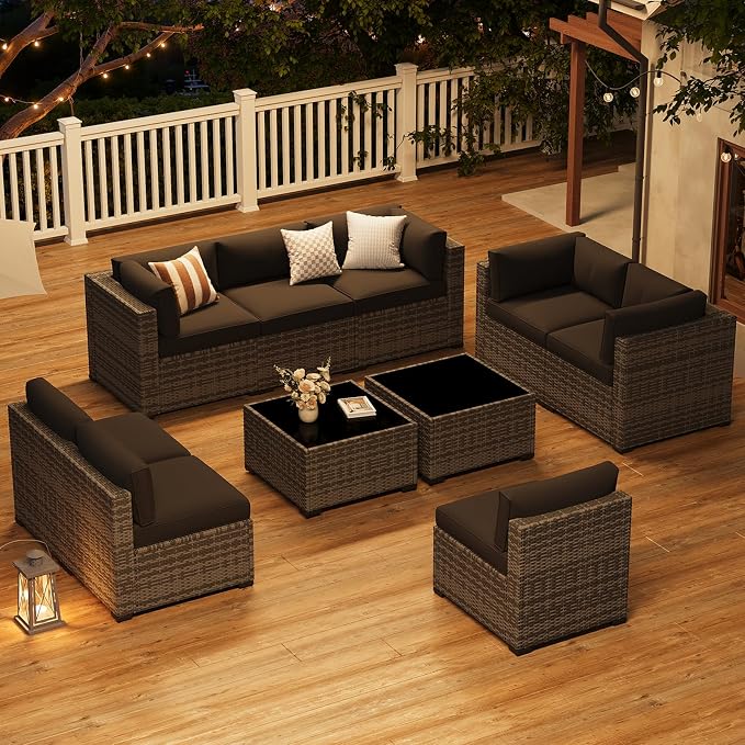 LazySunsets 10-Piece Patio Furniture Set, Wicker Rattan Outdoor Furniture with Thick Cushions, Patio Conversation Sets with Coffee Table, Outdoor Sectional Couch Sofa, Black