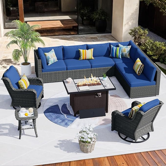 HOOOWOOO Outdoor Patio Furniture Set with Fire Pit 10 Pieces Patio Set with Fire Pit Wicker Outdoor Furniture with Fire Pit Table Set Patio Conversation Set with Swivel Chairs,Navy Blue