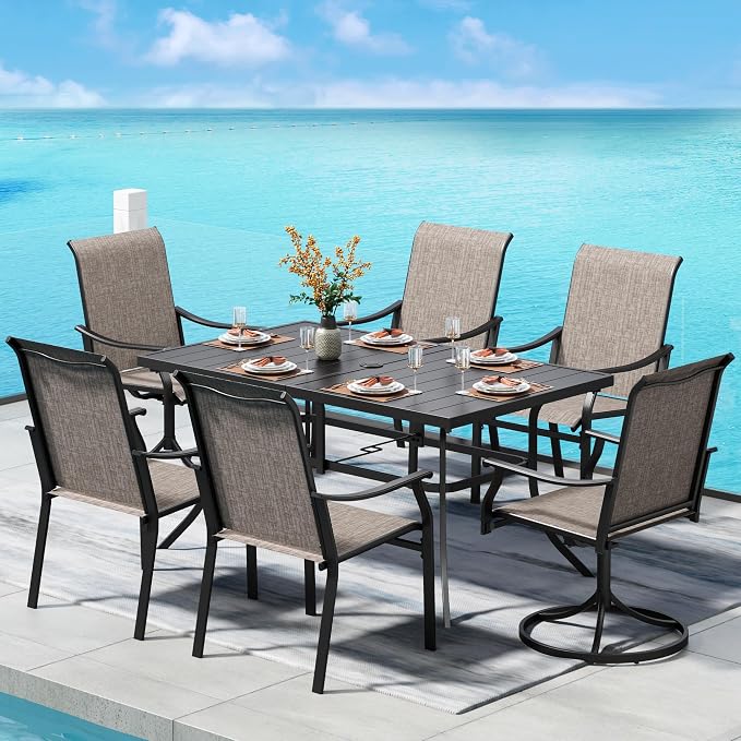 PHI VILLA 7 PCS Patio Dining Set,2 Swivel & 4 Stable Outdoor Dining Chairs, Metal Dining Table,Quick-Dry Textilene Fabric and Sturdy Metal Frame,Outdoor Table and Chairs for Yard