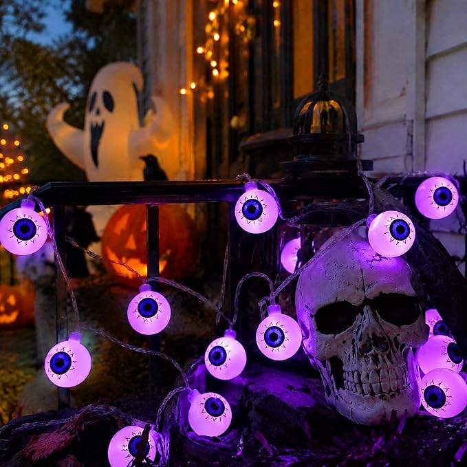 Crazy Night Halloween String Lights 10Ft 20 LEDs Battery Operated Purple Eyeball Lights Halloween Decorations Outdoor Indoor Party Decor