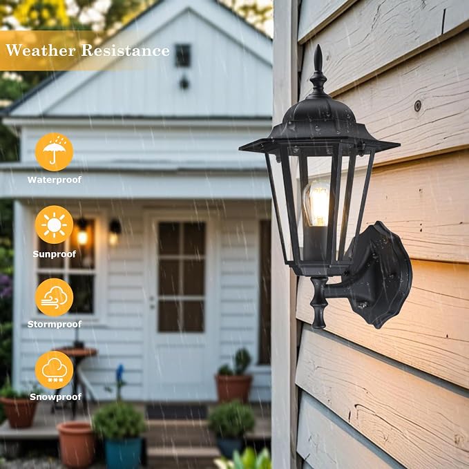 GRUENLICH Outdoor Wall Light Fixture, Rustproof Aluminum, Glass | Dusk to Dawn Exterior Porch Light Wall Sconce Lantern for House, Patio, Garage, Waterproof, E26 Socket 60W Max, Black, 1 Pack
