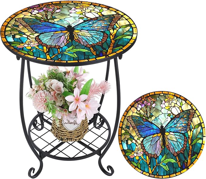 Cinnvoice Outdoor Side Table Round Small Mosaic Patio Accent Indoor End Plant Coffee Tea Table for Yard Patio Porch Garden Living Room, Bedroom(Butterfly Style,18 Inch)