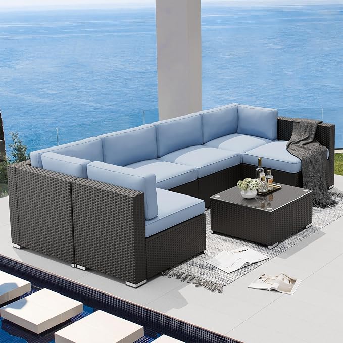 Betterland 7 Piece Outdoor Sectional Sofa Patio Furniture Set, All-Weather PE Rattan Wicker Patio Conversation Set with Washable Cushion, Glass Table and Waterproof Cover(Haze Blue)