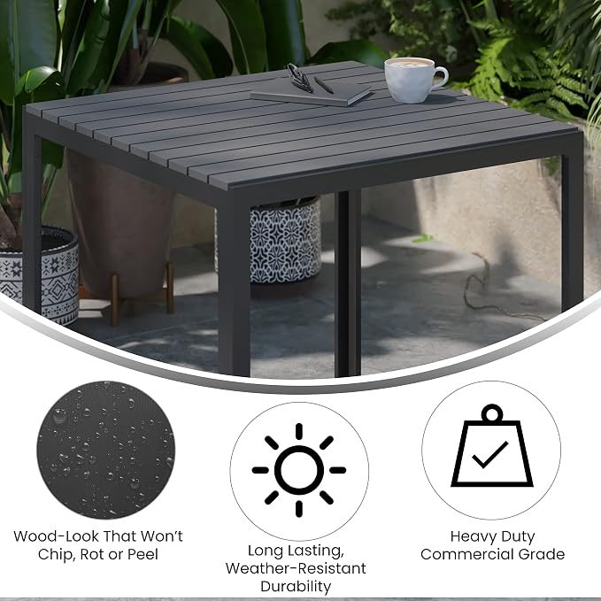 Flash Furniture Harris Commercial Indoor/Outdoor Patio Table - Black Poly Resin Slatted Top - Black Steel Frame - Seating for 4