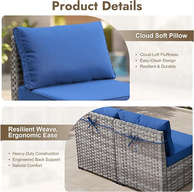 9 Pieces Patio Furniture Set, Wicker Outdoor Sectional Sofa with Swivel Chair Comfy Cushions, Modern Modular Deep Seat Rattan Couch Conversation Set for Backyard Porch Yard,Navy Blue