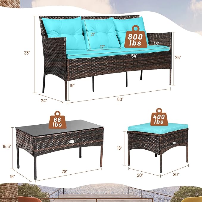 RELAX4LIFE 3 Pieces Patio Furniture Sectional Set, Rattan Wicker Conversation Set W/5 Cozy Seat & Back Cushions, Tempered Glass Coffee Table for Poolside, Backyard Outdoor Furniture (Turquoise)
