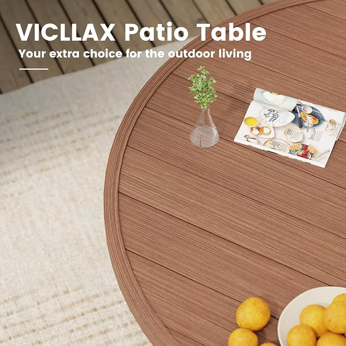 VICLLAX 63" Round Patio Table, Outdoor Dining Table for 8-10 with Umbrella Hole for Garden Lawn Deck Backyard, Walnut