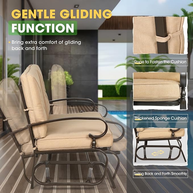 Incbruce 5 Pcs(6 Seats) Outdoor Metal Furniture Sets Wrought Iron Patio Conversation Sets, (Glider, 2 Single Chairs, Loveseat, and Coffee Table) with Cushion (Brown)