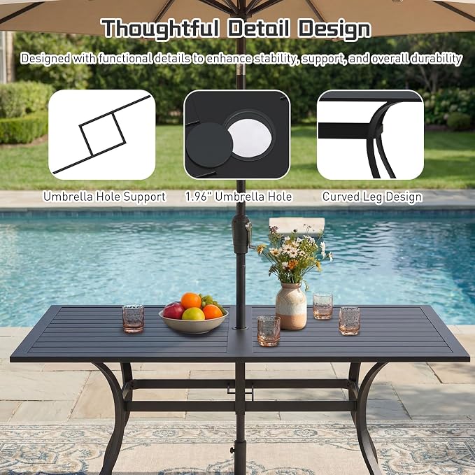 7 Piece Outdoor Patio Dining Set, 62’’ Rectangular Metal Dining Table & 4pcs Metal Dining Chairs & 2pcs Swivel Rocking Chairs , Outdoor Furniture Dining Set for Patio, Balcony, Lawn, Garden, Backyard