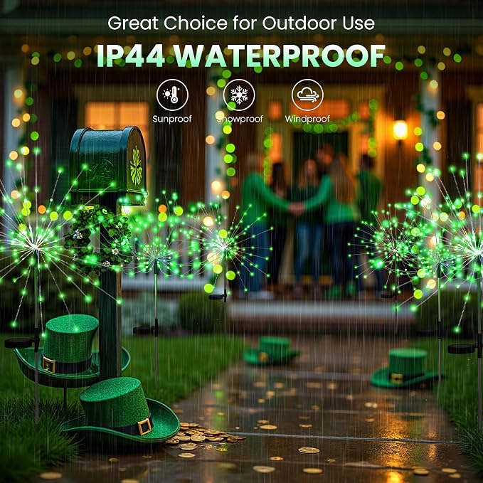PEVOROS Solar Firework Fairy Garden Lights Outdoor, Green, 4 Pack | 120 LEDs, Waterproof, Fairy Garden Decor, Auto On/Off, Solar Powered, for Yard, Patio, Porch, Flower Pot, Pathway