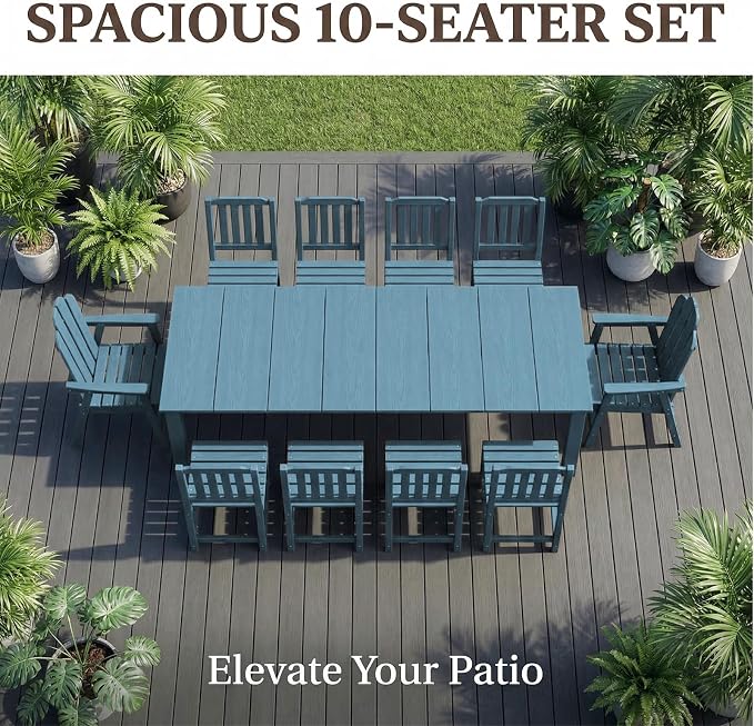 11 Piece Patio Dining Set for 10, Outdoor Table Chairs,Navy | 89.4” table,Spacious 10 person outdoor table and chairs set, HDPE structure, built for entertaining and family events