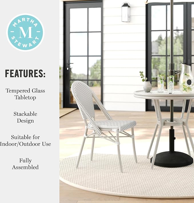 Martha Stewart Lily Pond 31” Round Indoor-Outdoor Bistro Dining Table with Aluminum Frame in Natural Woodgrain and Rattan Top in White/Navy with Tempered Glass Top