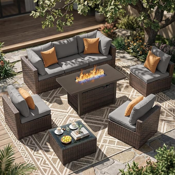 8 Pieces Patio Furniture Sets Outdoor Sectional Sofa with 44'' Propane Rattan Wicker Firepit Table, Patio Sectional Conversation Set with Cushions for Backyard, Poolside, Garden Grey