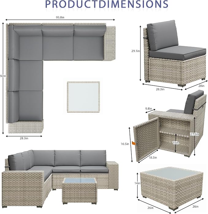 6 Piece Patio Furniture Set, 9.8" Wide Arm Sectional Sofa with Storage Armrests, All-Weather Rattan Outdoor Conversation Set for Garden, Porch, Lawn, Backyard, Balcony, Grey