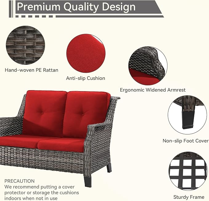 3 Piece Patio Furniture Set, 2-Seater Loveseat and 2 Chairs, Rattan Conversation Set with Deep Seating and Olefin Cushions, for Outdoors, Backyard, Porch, Deck, Garden, Red