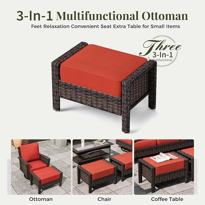 MIXPATIO 6-Piece Wicker Patio Furniture Set with Swivel Chairs, High Back Outdoor Furniture with Fire Pit Table and Ottoman, All-Weather Wicker Patio Conversation Set for Deck Yard Pool,Red