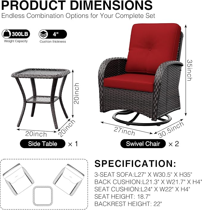 Joyside Outdoor Swivel Rocker Chairs, 3 Piece Wicker Patio Set with Thickened Cushions, High Back, Deep Seating, Wide Armrest, Outdoor Swivel Chairs for Porch, Deck