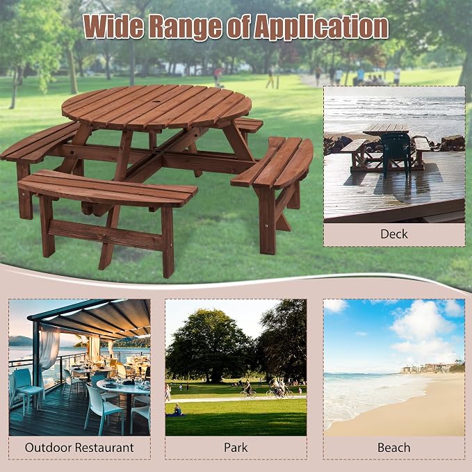 8 Person Outdoor Picnic Table, Round Picnic Table with 4 Built-in Benches, Umbrella Hole, Outside Wood Picnic Table and Bench Set for Patio, Backyard, Garden, Porch, 2220lb Capacity - Brown