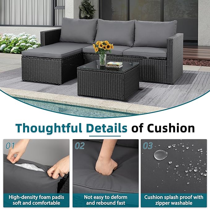 SUNLEI 3 Piece Patio Furniture Set, Outdoor PE Rattan Sectional Sofa Set with Ottoman, Detachable Cushions and Glass Coffee Table, Patio Conversation Set for Backyard Balcony Porch, Black Rattan/Grey
