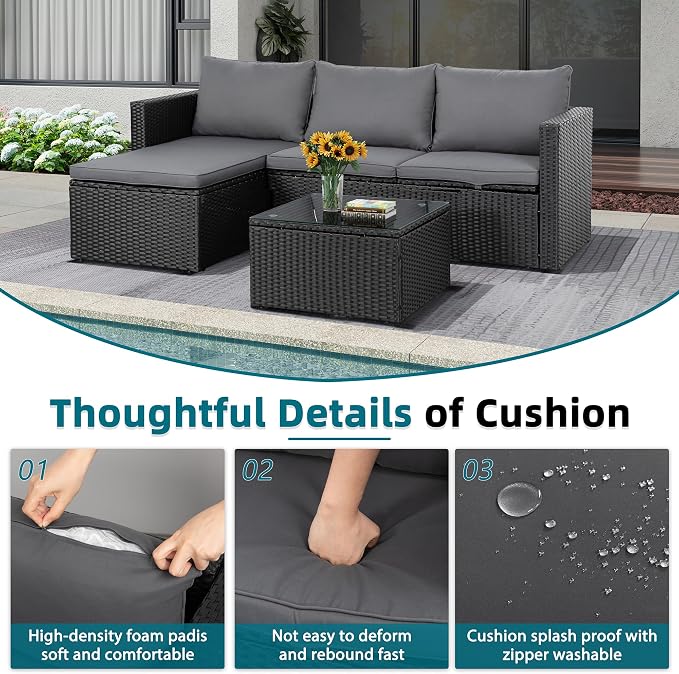 SUNLEI Patio Furniture Set with Detachable Soft Cushions, Outdoor PE Rattan Patio Conversation Sofa Set, 3-Piece Patio Sectional Sofa with Glass Coffee Table (Black Rattan&Charcoal)
