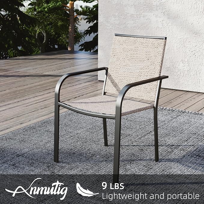 Small Outdoor Table and Chairs Set with Beige Chairs and 35" Square Table | 4 Piece Stackable Chairs, Textilene Seat&Back, Metal Table, Slat Table Top, 4 Person Use, 1.57" Umbrella Hole, All Weather